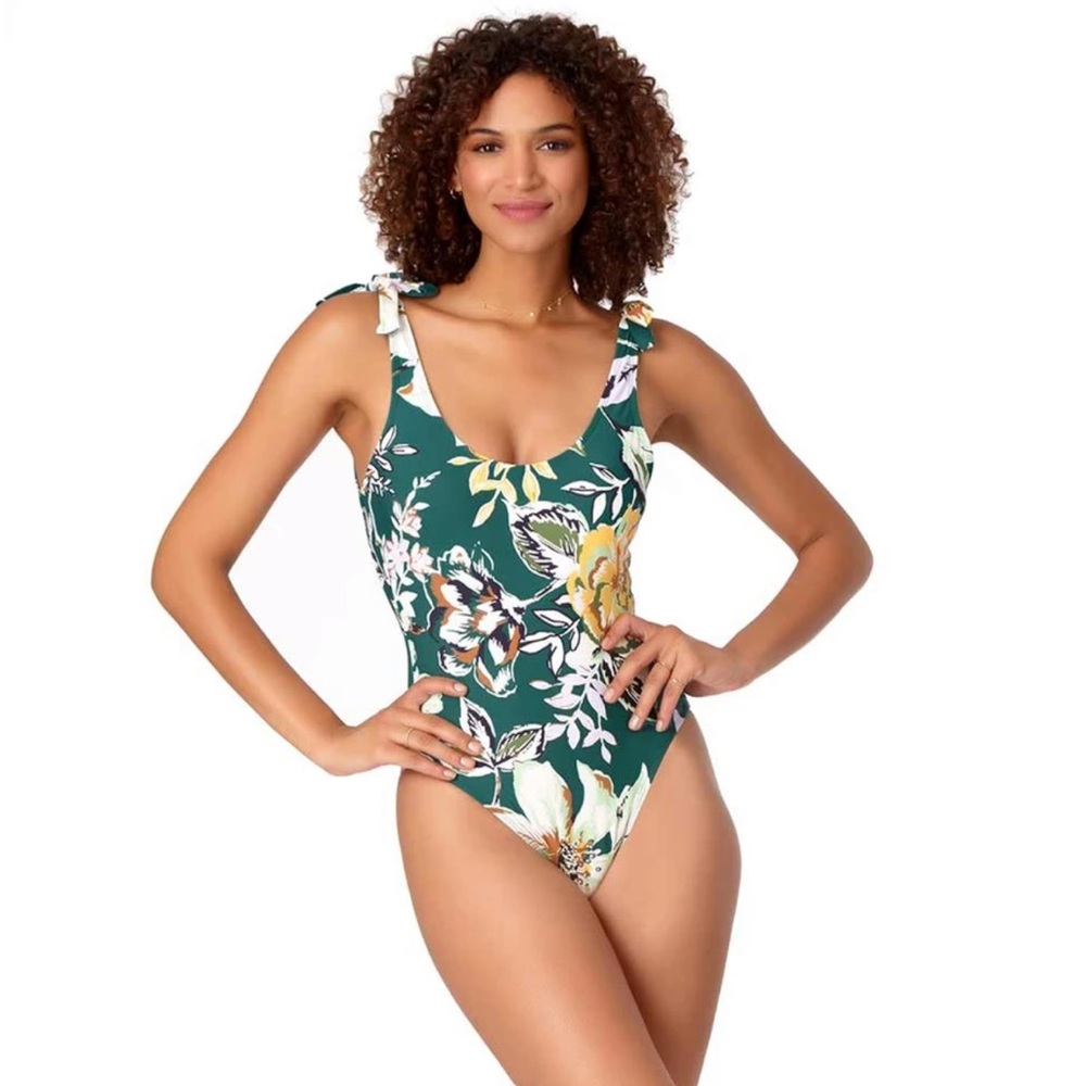 Anne Cole Tropical Bliss green yellow floral tie shoulders swimsuit NWT